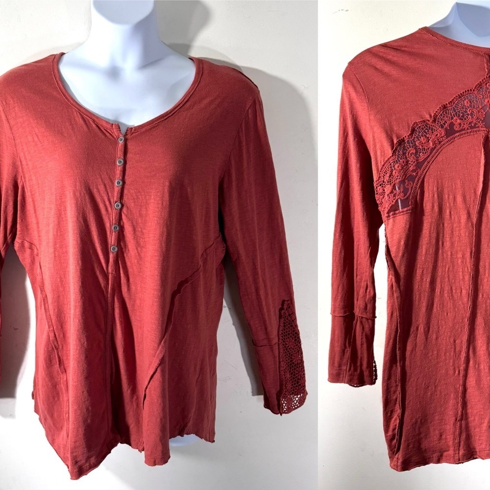 Mona B Crochet Cuff Henley Rust Top